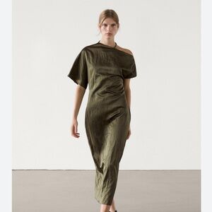 Massimo Dutti NWT asymmetric midi dress Olive green 6667/667